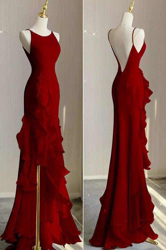 Simple Mermaid Prom Gowns With Ruffles Spaghetti Straps Backless Prom Dresses For Date