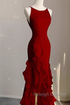 Simple Mermaid Red Chiffon Long Prom Dresses
