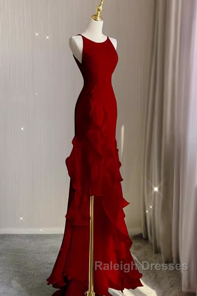 Simple Mermaid Red Chiffon Long Prom Dresses