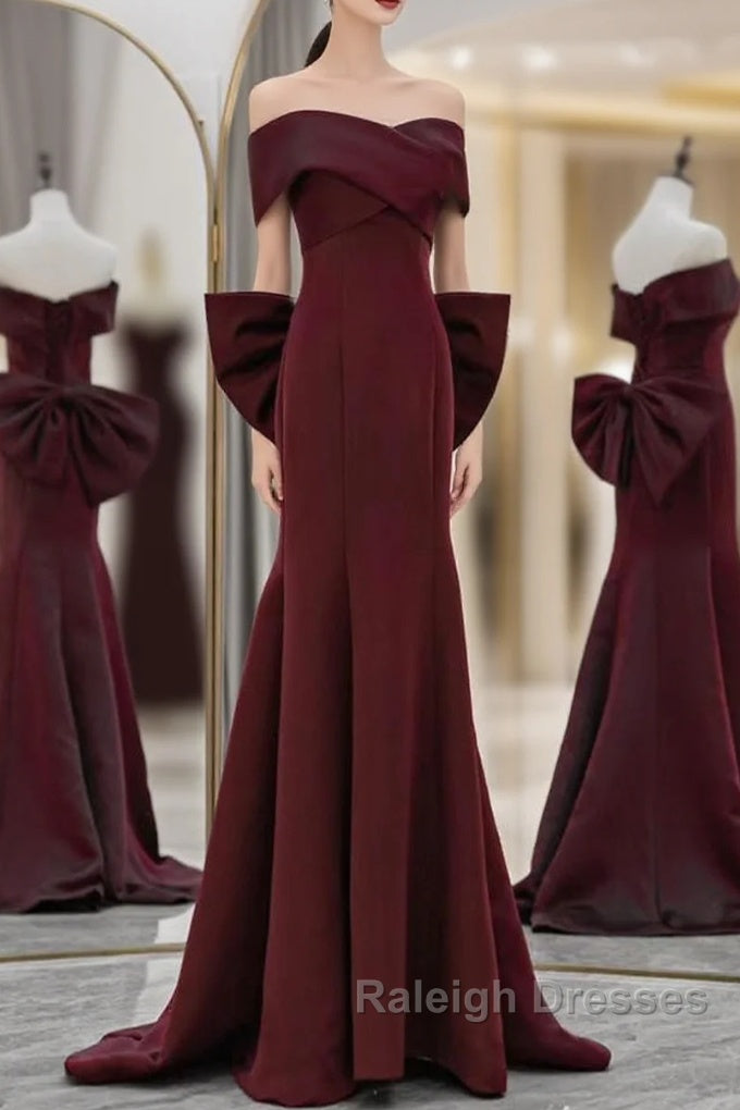 Simple Mermaid Satin Burgundy Long Prom Dress, Burgundy Long Formal Dress