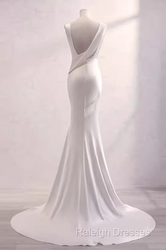 Simple Mermaid Satin White Long Wedding Dresses Brides Dress
