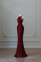 Simple Mermaid Scoop Neckline Burgundy Sequin Long Prom Dresses
