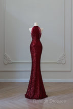Simple Mermaid Scoop Neckline Burgundy Sequin Long Prom Dresses