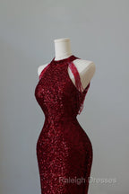Simple Mermaid Scoop Neckline Burgundy Sequin Long Prom Dresses