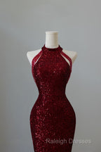 Simple Mermaid Scoop Neckline Burgundy Sequin Long Prom Dresses