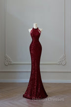 Simple Mermaid Scoop Neckline Burgundy Sequin Long Prom Dresses