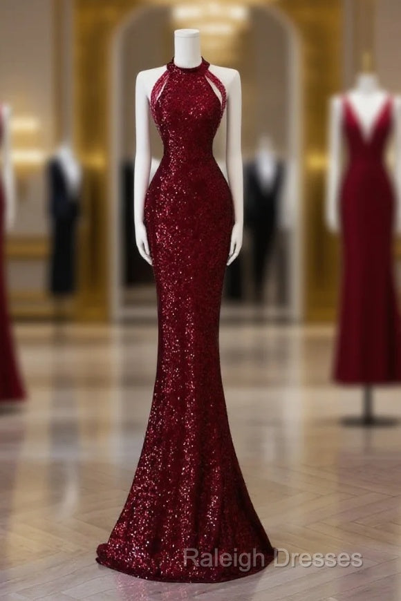 Simple Mermaid Scoop Neckline Burgundy Sequin Long Party Dress Prom Dresses Main image