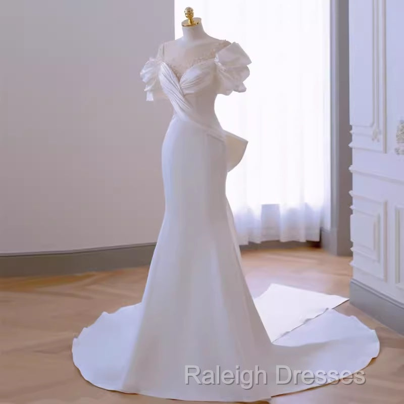 Simple Mermaid Scoop Neckline Satin White Long Wedding Dresses