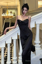 Simple Mermaid Spaghetti Straps Black Ankle Length Prom Dresses Birthday Outfits