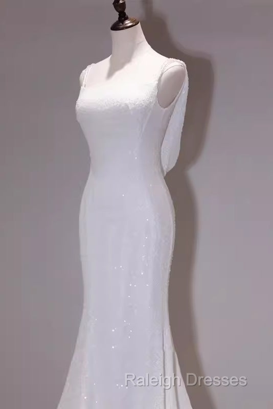 Simple Mermaid Spaghetti Straps Sequin White Long Wedding Dresses Secondary image