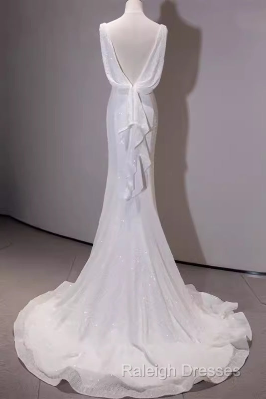 Simple Mermaid Spaghetti Straps Sequin White Long Wedding Dresses