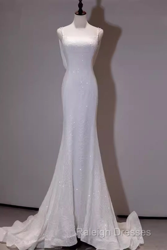 Simple Mermaid Spaghetti Straps Sequin White Long Wedding Dresses