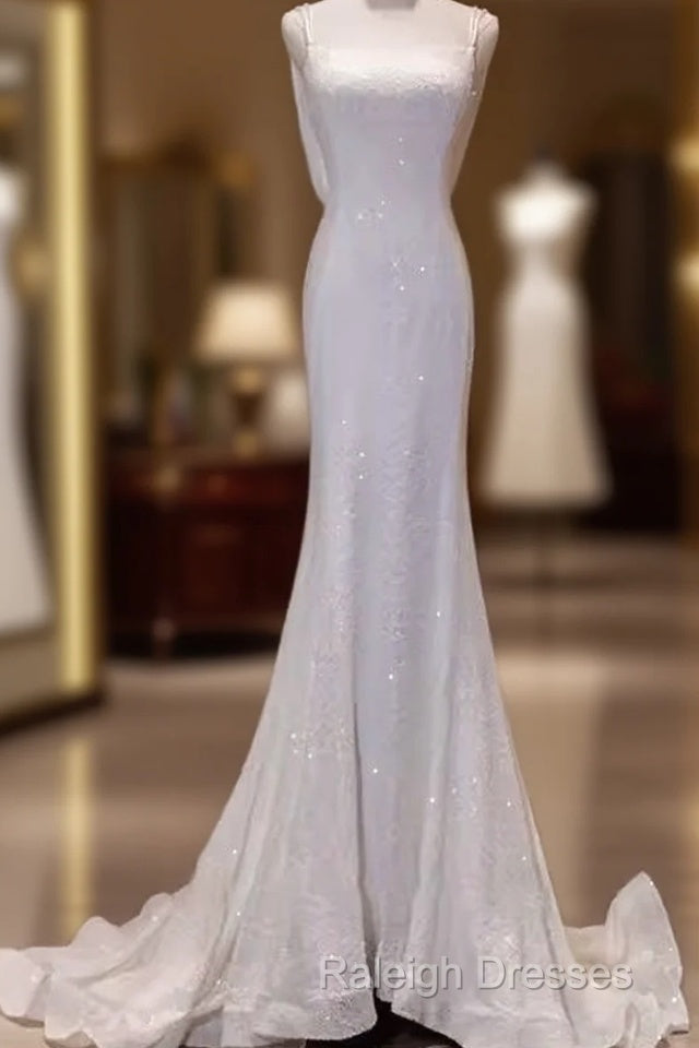 Simple Mermaid Spaghetti Straps Sequin White Long Wedding Dresses Main image
