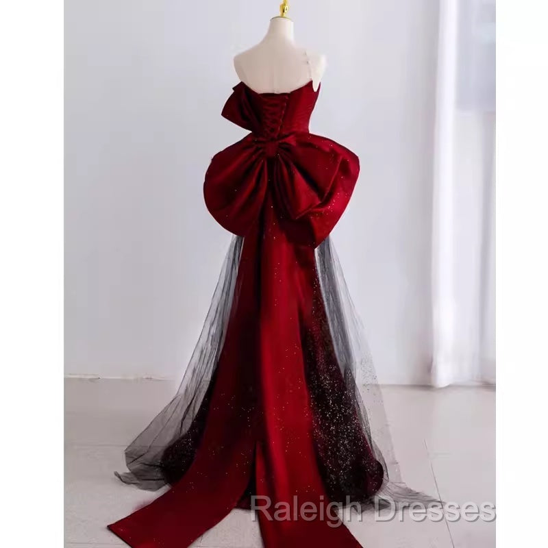 Simple Mermaid Strapless Burgundy Floor Length Prom Dresses