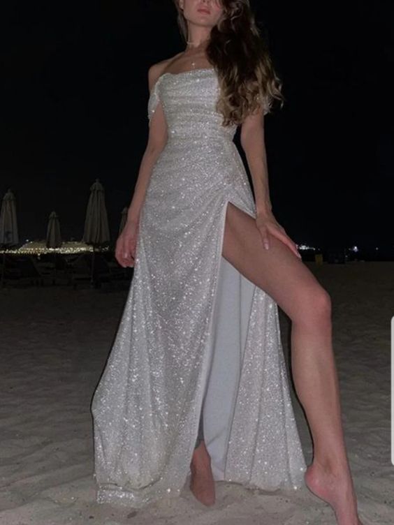 Simple Mermaid Strapless Floor Length Sleeveless Sequin Prom Dresses