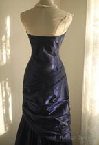 Simple Mermaid Strapless Taffeta Pleated Prom Dresses Long Prom Gowns