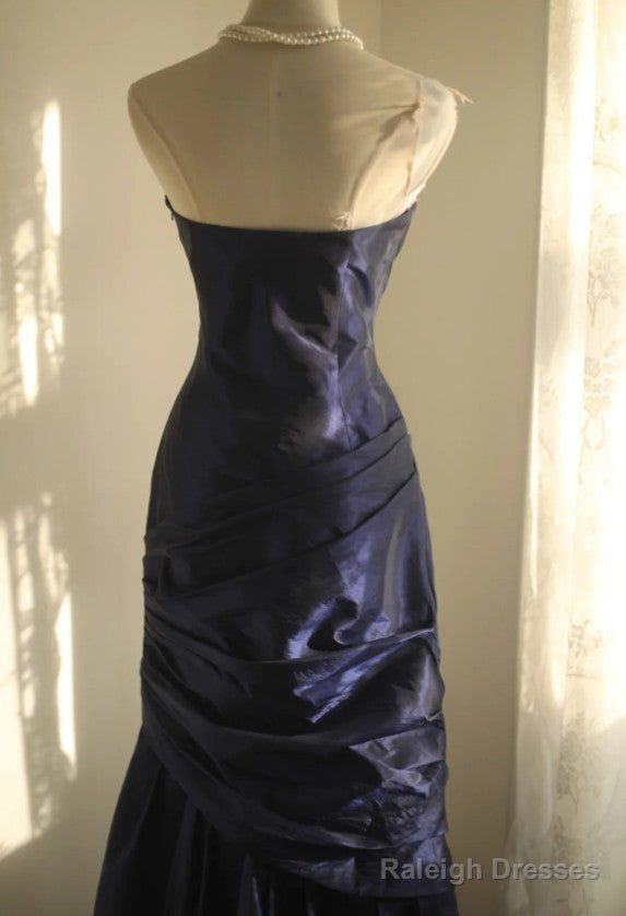 Simple Mermaid Strapless Taffeta Pleated Prom Dresses Long Prom Gowns