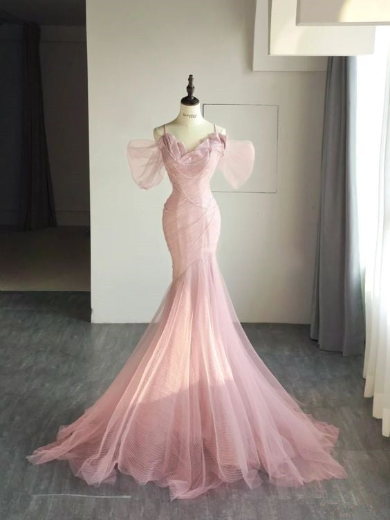 Simple Mermaid Straps Pink Tulle Long Prom Dresses