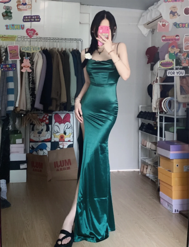 Simple Mermaid Dark Green Thin Strap High Slit Satin Long Formal Prom Dress Secondary image