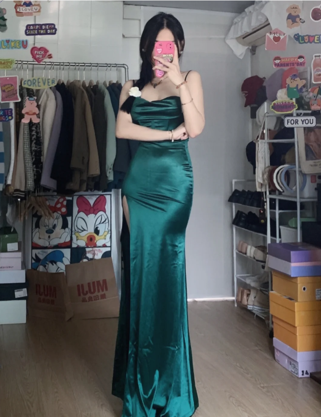 Simple Mermaid Dark Green Thin Strap High Slit Satin Long Formal Prom Dress