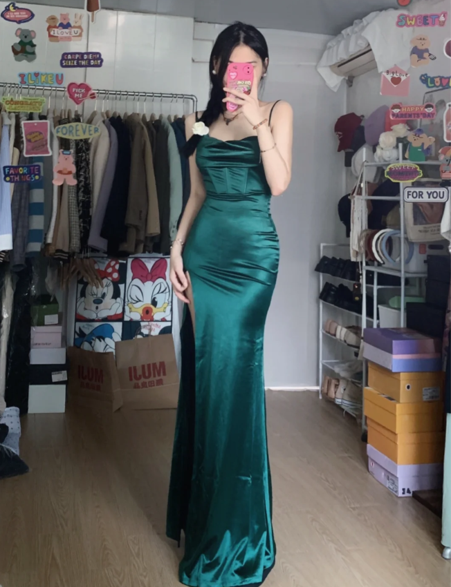 Simple Mermaid Dark Green Thin Strap High Slit Satin Long Formal Prom Dress