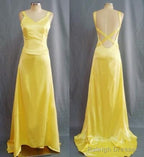 Simple Mermaid V Neck Yellow Backless Long Prom Dresses