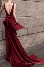 Simple Mermaid V neckline Prom Dresses Long Burgundy Prom Dresses
