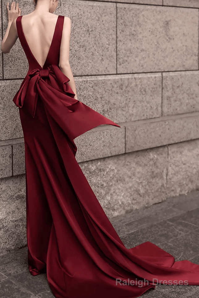 Simple Mermaid V neckline Prom Dresses Long Burgundy Prom Dresses