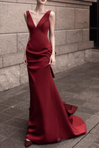 Simple Mermaid V neckline Party Dresses Long Burgundy Prom Dresses