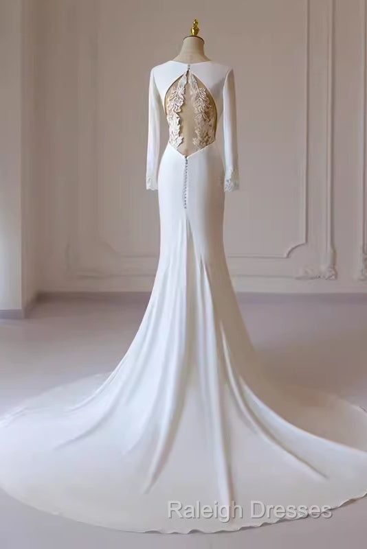 Simple Mermaid V Neckline Satin Ivory Long Sleeves Wedding Dresses