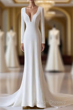Simple Mermaid V Neckline Satin Ivory Long Sleeves Wedding Dresses