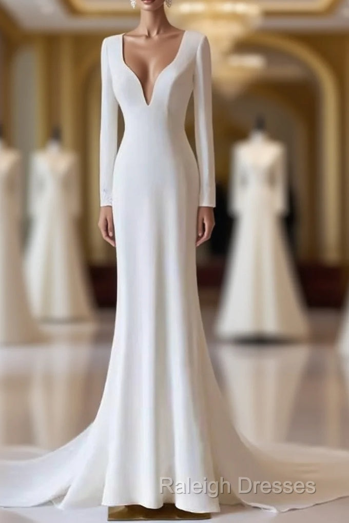 Simple Mermaid V Neckline Satin Ivory Long Sleeves Wedding Dress