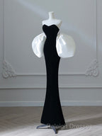 Simple Mermaid Velvet Puff Sleeves Black Long Prom Dress, Black Evening Dress