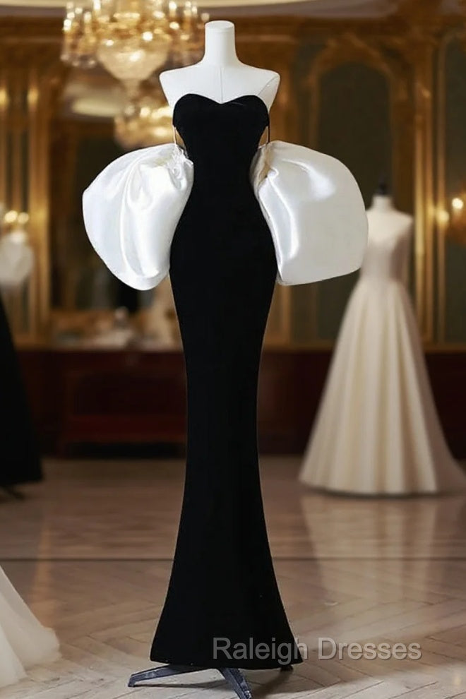 Simple Mermaid Velvet Puff Sleeves Black Long Prom Dresses Black Prom Dresses Main image