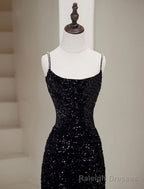 Simple Mermaid Velvet Sequin Black Long Prom Dress, Black Long Evening Dress