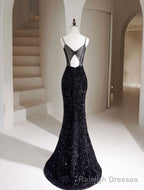Simple Mermaid Velvet Sequin Black Long Prom Dress, Black Long Prom Dress