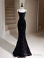 Simple Mermaid Velvet Sequin Black Long Prom Dress, Black Long Prom Dress