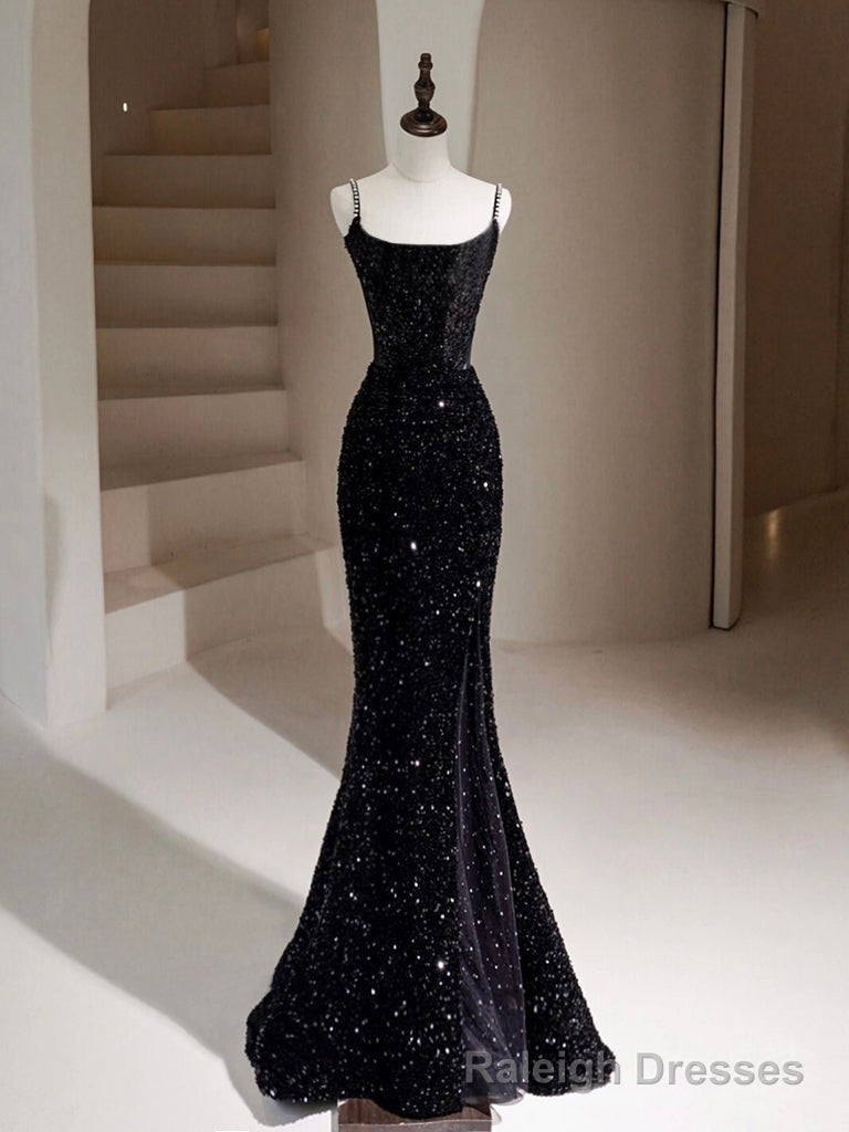 Simple Mermaid Velvet Sequin Black Long Prom Dress, Black Long Evening Dress Main image