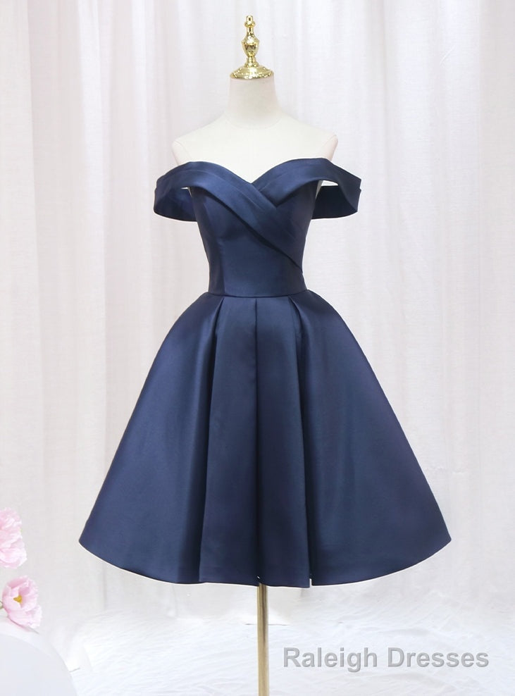 Simple Navy Blue Satin Off the Shoulder Homecoming Dress