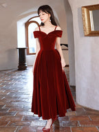 Simple Off Shoulder A-Line Tea Length Velvet Burgundy Prom Dress