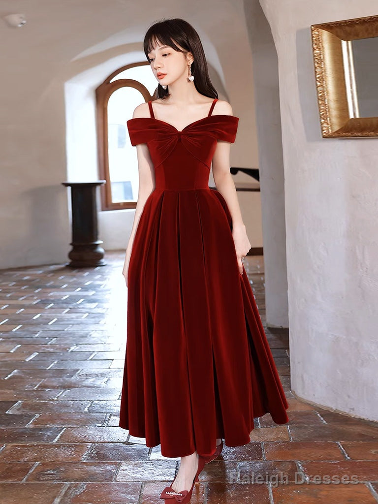 Simple Off Shoulder A-Line Tea Length Velvet Burgundy Prom Dress