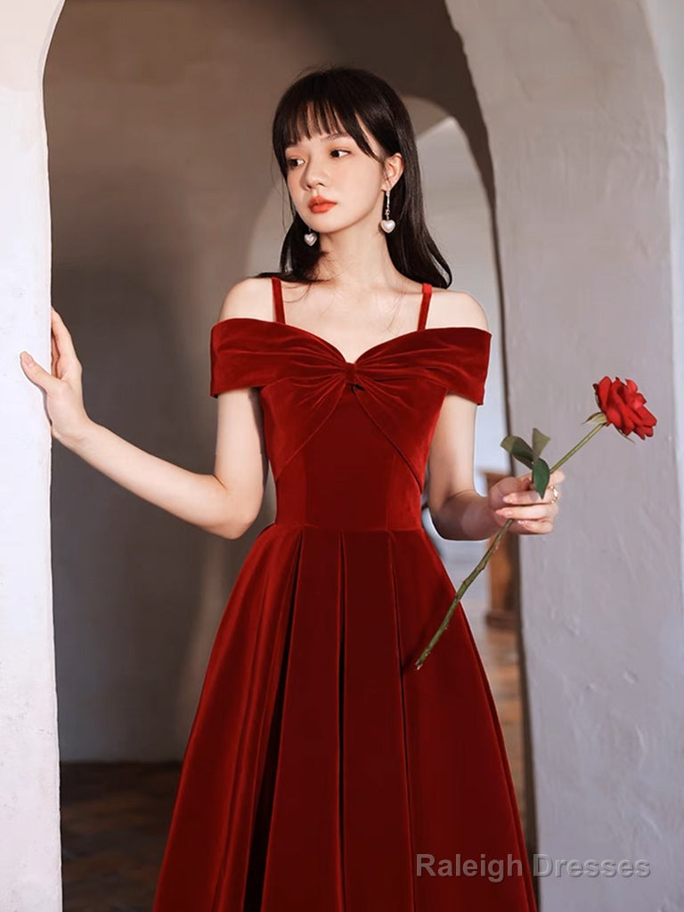 Simple Off Shoulder A-Line Tea Length Velvet Burgundy Prom Dress