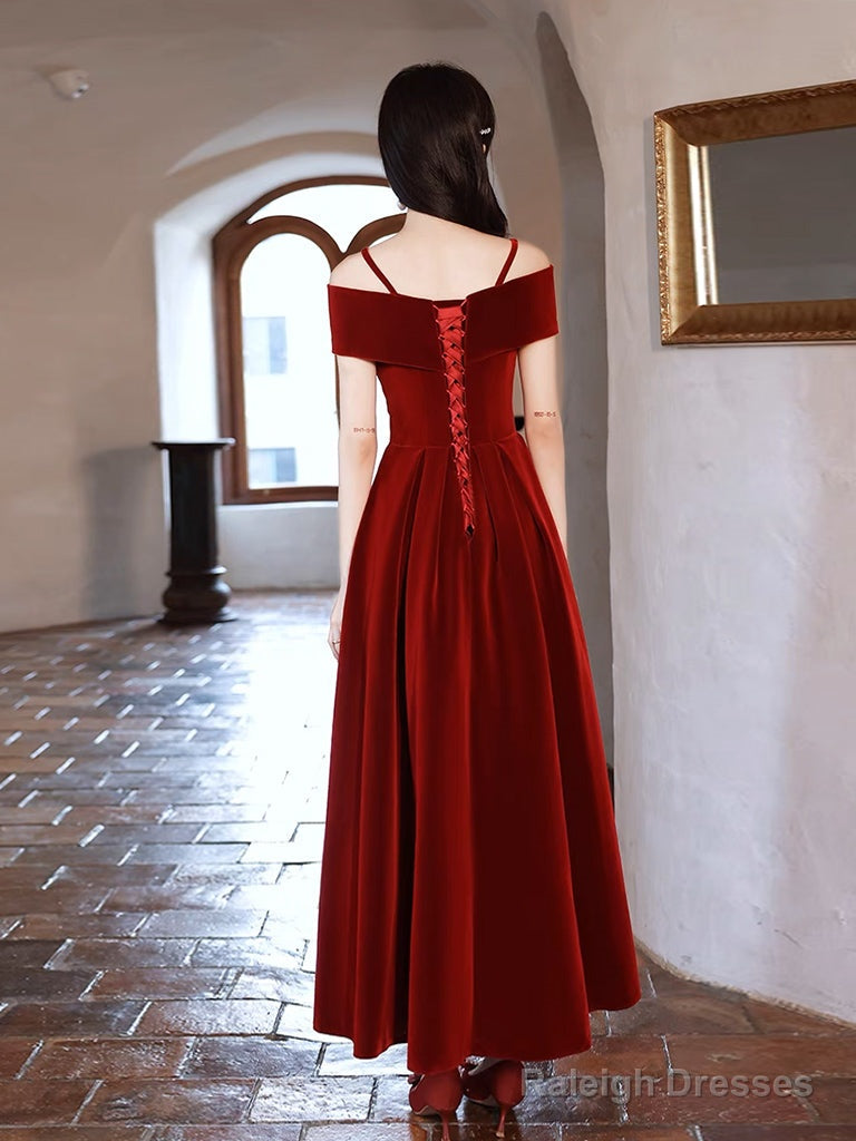 Simple Off Shoulder A-Line Tea Length Velvet Burgundy Prom Dress
