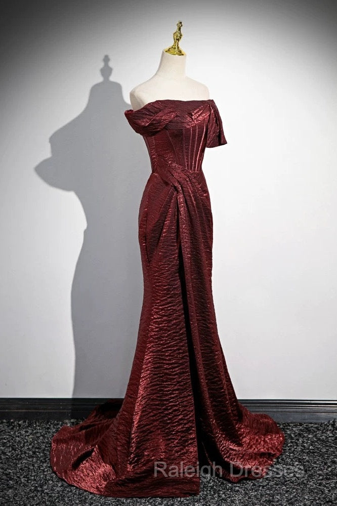 Simple Off Shoulder Burgundy Long Prom Dress, Burgundy Long Formal Dress Secondary image