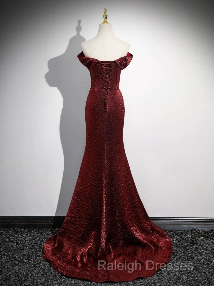 Simple Off Shoulder Burgundy Long Prom Dress, Burgundy Long Formal Dress