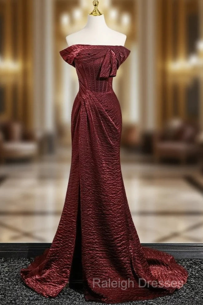 Simple Off Shoulder Burgundy Long Prom Dress, Burgundy Long Formal Dress