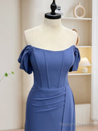 Simple Off Shoulder Gray Blue Long Prom Dress, Gray Blue Long Formal Dress