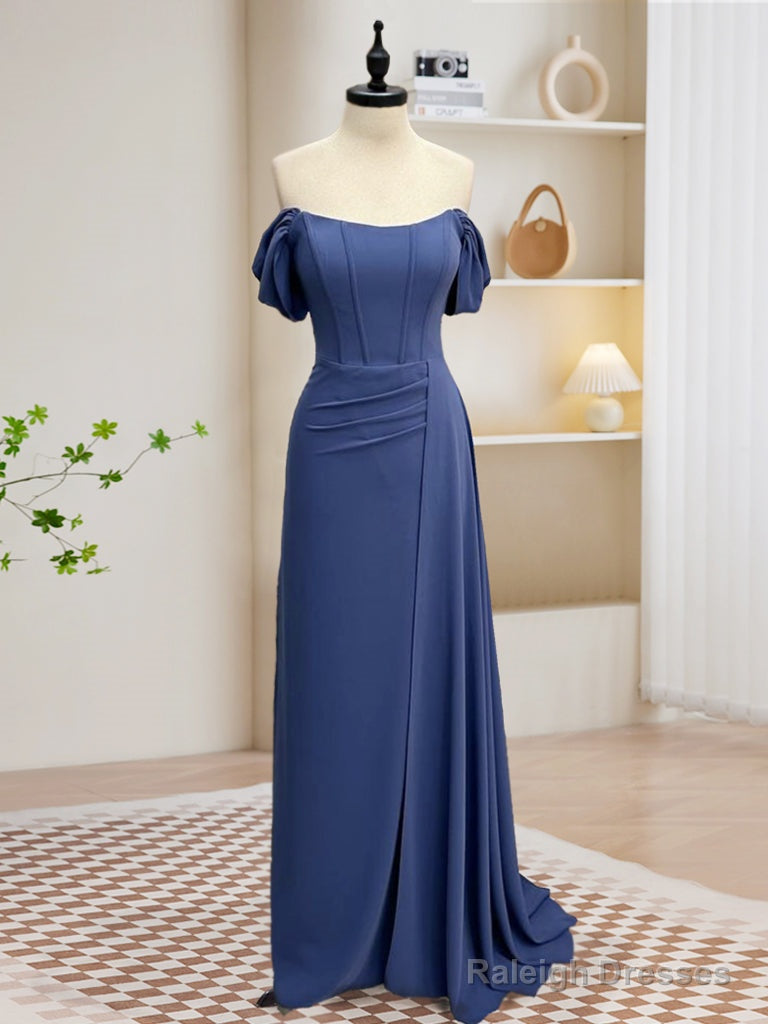 Simple Off Shoulder Gray Blue Long Prom Dress, Gray Blue Long Formal Dress Main image