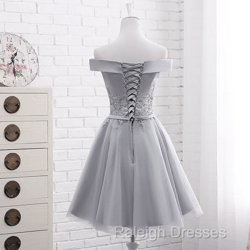Simple Off Shoulder Grey Tulle Applique Bridesmaid Dress Knee Length Prom Dresses