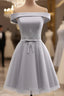 Simple Off Shoulder Grey Tulle Applique Bridesmaid Dress Knee Length Prom Dresses
